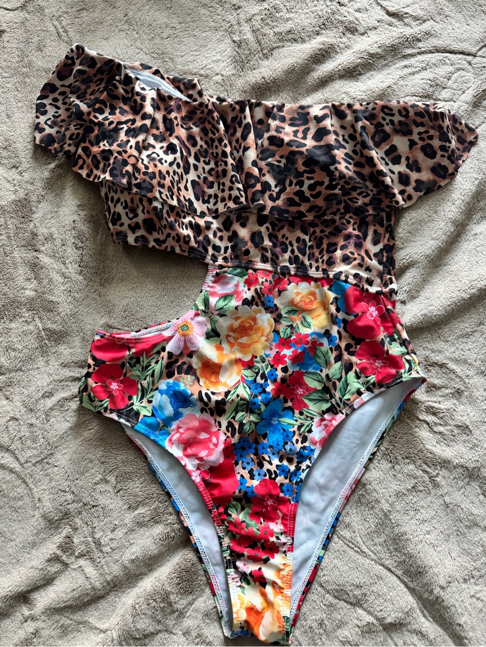 One-Piece Swim Suit - Leopard Ruffle Top/Floral Bottom cutout side size M